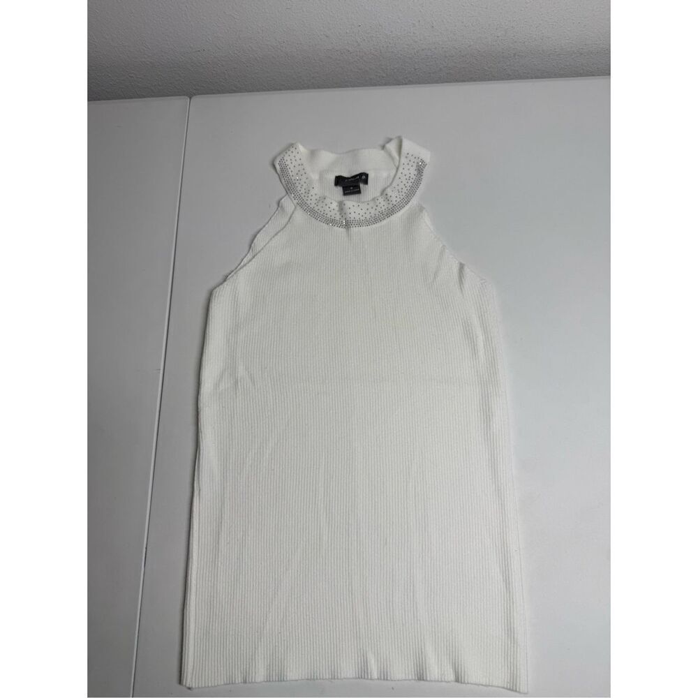 Lola B Knit RibbedâHalter Tank Top White Rhinestone Trim Size M
